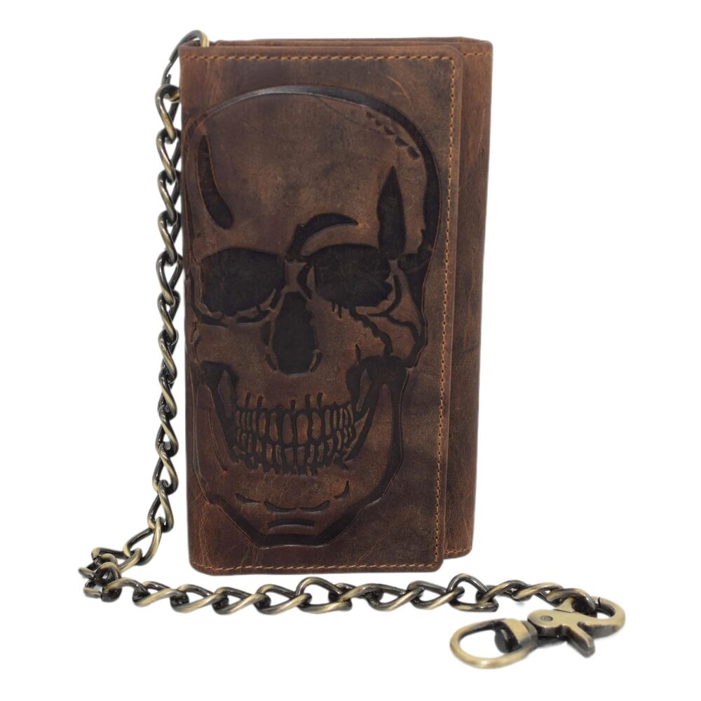 1628 Biker Skull Chain Wallet RFID Signal Blocking 's Vintage Leather Long